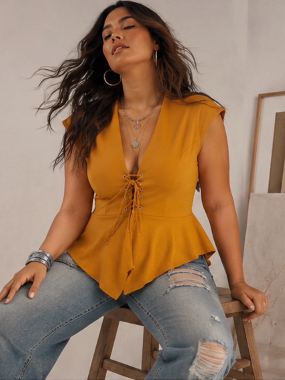 Mustard Lace-Up Peplum V-Neck Top